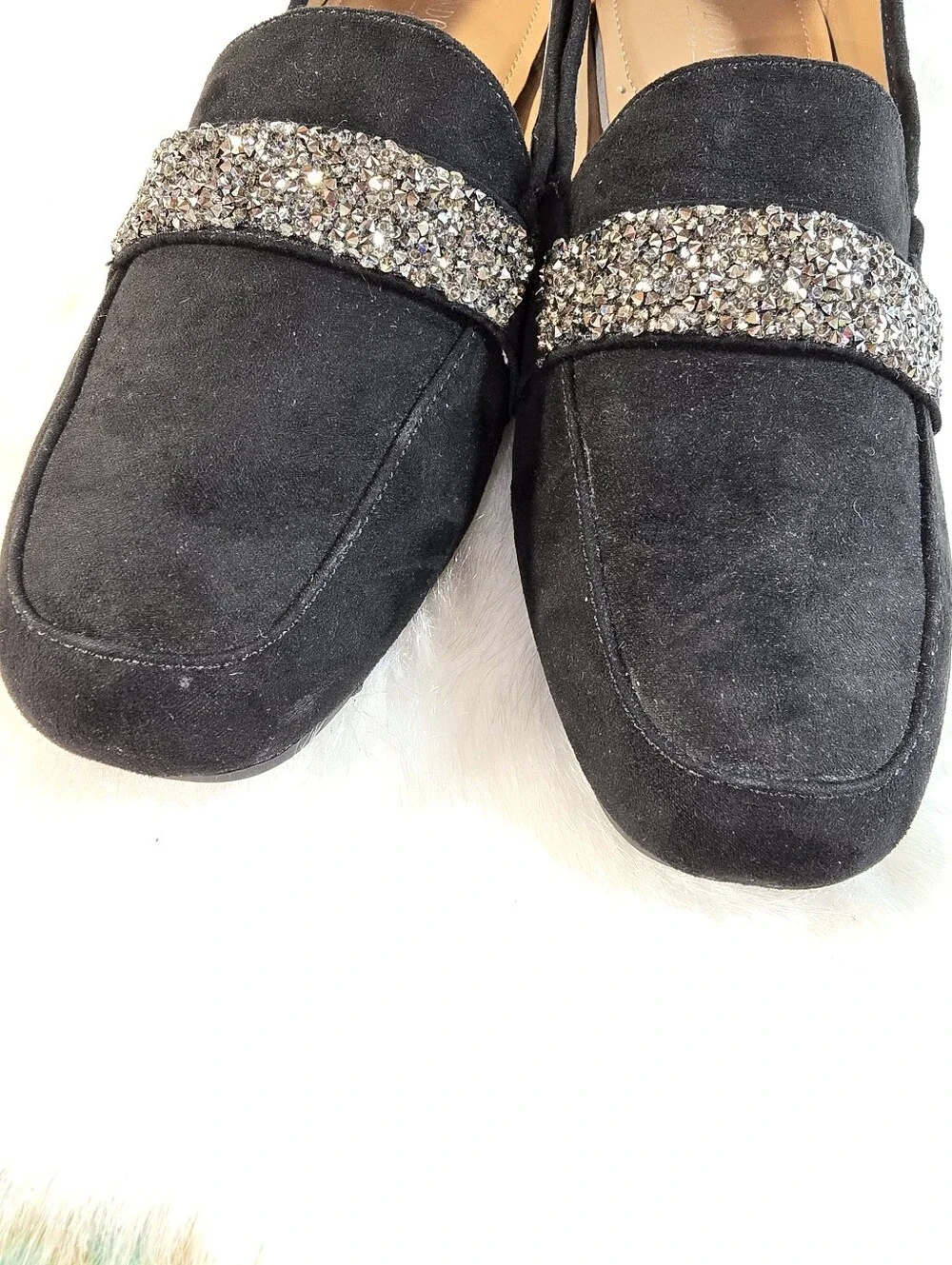 Women's London Fog Alexus Black Suede Loafers with Crystal Strap